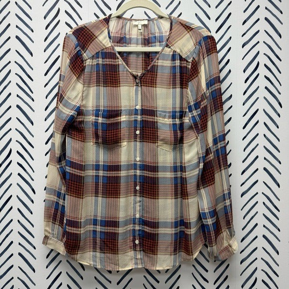 L - Joie Sheer Silk Plaid Button Down Top