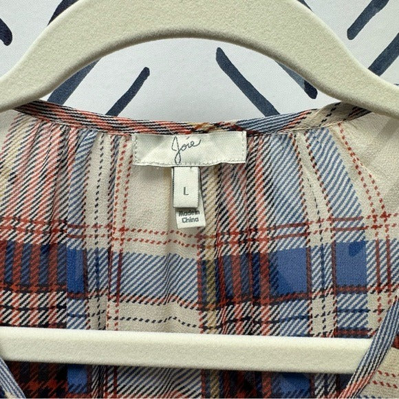 L - Joie Sheer Silk Plaid Button Down Top