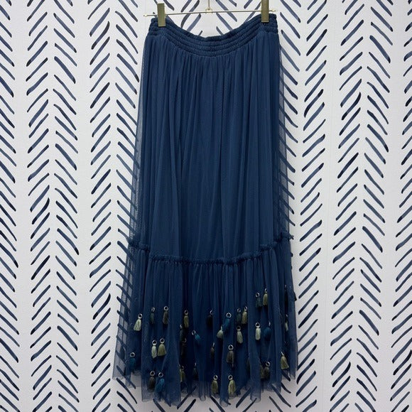 Maeve Navy Blue Maxi Skirt with Tassels - XS