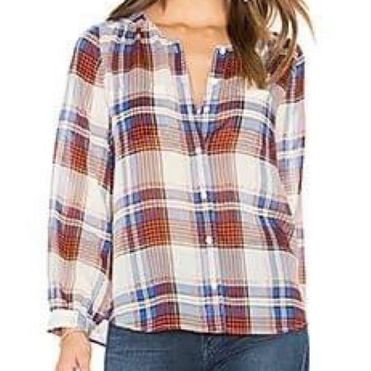L - Joie Sheer Silk Plaid Button Down Top